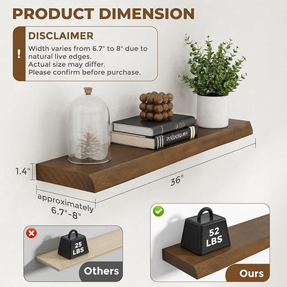 RICHFOCUS Live Edge Wood Floating Shelves for Wall 36" Natural Solid Wood Wall Mounted Shelf|8 Inch Deep Wooden Floating Shelves with Invisible Bracket for Bathroom Kitchen Room|2Pcs, Walnut