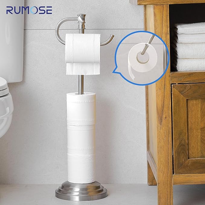 RUMOSE Toilet Paper Holder Stand for Floor, Brushed Nickel Adjustable (12.4" to 22.8") Bathroom Toilet Tissue Holder, Free Standing Toilet Paper Roll Holder with Storage, Stainless Steel
