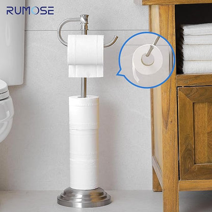 RUMOSE Toilet Paper Holder Stand for Floor, Brushed Nickel Adjustable (12.4" to 22.8") Bathroom Toilet Tissue Holder, Free Standing Toilet Paper Roll Holder with Storage, Stainless Steel