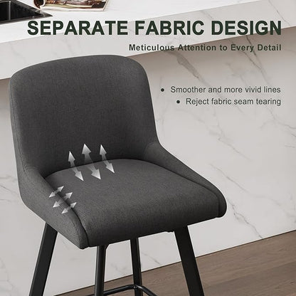 Swivel Counter Height Bar Stools Set of 3, 26''H Upholstered Barstools with Backs, Modern Bar Stool Chairs for Kitchen Island, Metal Legs, Fabric, Black Grey Stools Counter Chair
