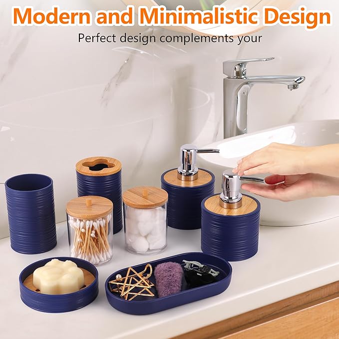 Bathroom Accessory Set,10 PCS Navy Blue Bathroom Set with Trash Can,Toothbrush Holder,Soap Dispenser,Toothbrush Cup,Vanity Tray,Soap Dish,Toilet Brush,Qtip Holders