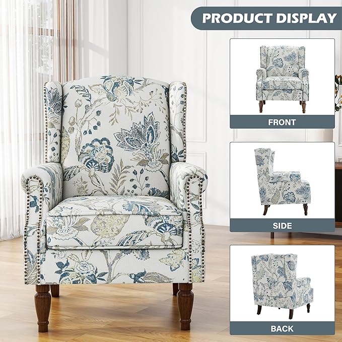 UIXE High Back Floral Accent Chairs Set of 2, Upholstered Armchair in Fabric, Retro Printed Wingback Arm Chair for Living Room, Nailhead Trim Single Sofa Bedroom Reading Seat - Plants Blue