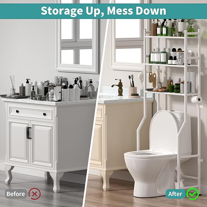 3-Tier Over The Toilet Storage with Paper Holder, Metal Bathroom Organizers and Storage for Small Space, Freestanding Bathroom Shelves with 4 Hooks, Above The Toilet Storage Shelf, White