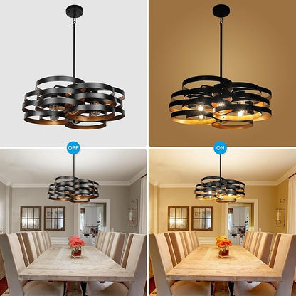 6-Light Modern Farmhouse Chandeliers for Dining Room, Rustic Multiple Rings Pendant Lighting, Industrial Metal Round Chandelier for Kitchen Entryway, Black with Gold Interior