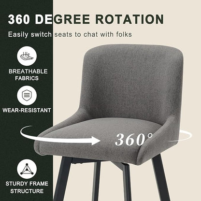 Swivel Bar Stools Set of 4, 26''H Upholstered Barstools with Backs, Modern Counter Height Bar Stool Chairs for Kitchen Island, Metal Legs, Fabric, Gray Counter Stools