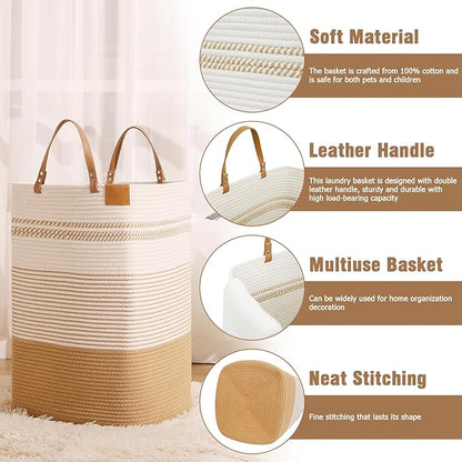 danpinera 100L Nursery Hamper, Tall Woven Laundry Basket with Long Leather Handles, Boho Laundry Hamper for Living Room & Bedroom, Eco-friendly & Convenient Decorative Storage Basket White & Jute