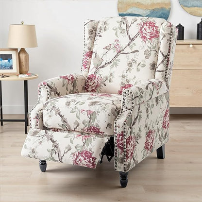 UIXE Pushback Recliner Chair, Fabric Upholstered Armchair Push Back Accent Chair for Living Room, Rivet Trim Home Theater Single Sofa Bedroom Reading Seat with Footrest - Beige Floral
