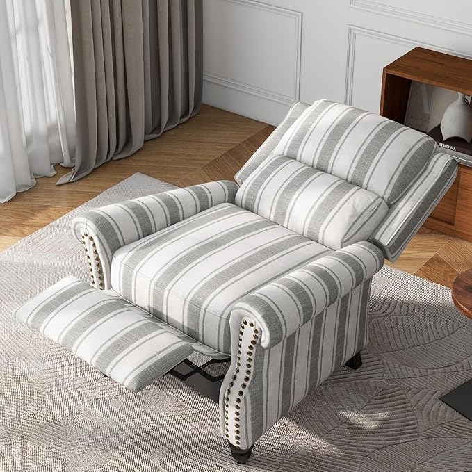 UIXE Pushback Recliner Chair Push Back Accent Chair, Fabric Overstuffed Armchair for Living Room, Rivet Trim Club Chair Home Theater Single Sofa Bedroom Reading Seat - Stripe Gray