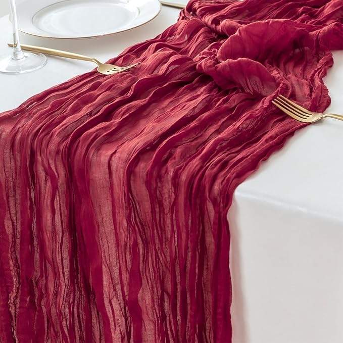 Sioloc Burgundy Red Cheesecloth Table Runner Fall Autumn Decor for Home 10ft Table Cloth for Wedding Birthday Party Bridal Shower Christmas Halloween Thanksgiving