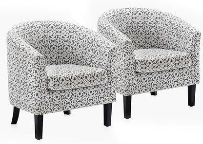 BELLEZE Accent Barrel Chair Set of 2, Linen Round Chair Club Tub Sofa Corner Chair with Flared Legs and Cozy Soft Padding for Living Room Bedroom Waiting Room - White & Brown