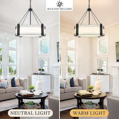 20.4''Drum Chandelier,5-Light Fabric Modern Chandeliers,Black Farmhouse Round Pendant Light Fixture for Dining Room Kitchen Island Living Room Bedroom Hallway