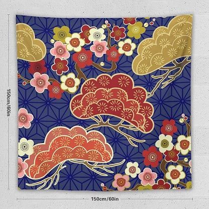 HZOHNAGO Japanese Tapestry Art Abstract Colorful Cherry Blossom Blue Background Pattern Printed Wall Tapestry Painting Wall Hanging for Bedroom Living Room Dorm 60" W x 60" H