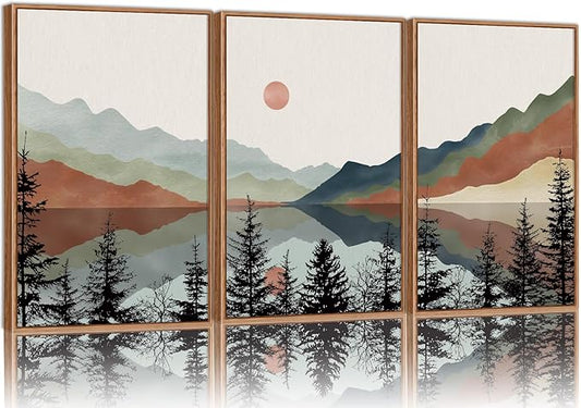 Tinonedraw Boho Mountain Framed Canvas Wall Art Set, Watercolor Nature Landscape Wall Decor, Black Pine Forest Artwork, Modern Sunrise Art Prints for Living Room, Bedroom, Office 16"x24"x3