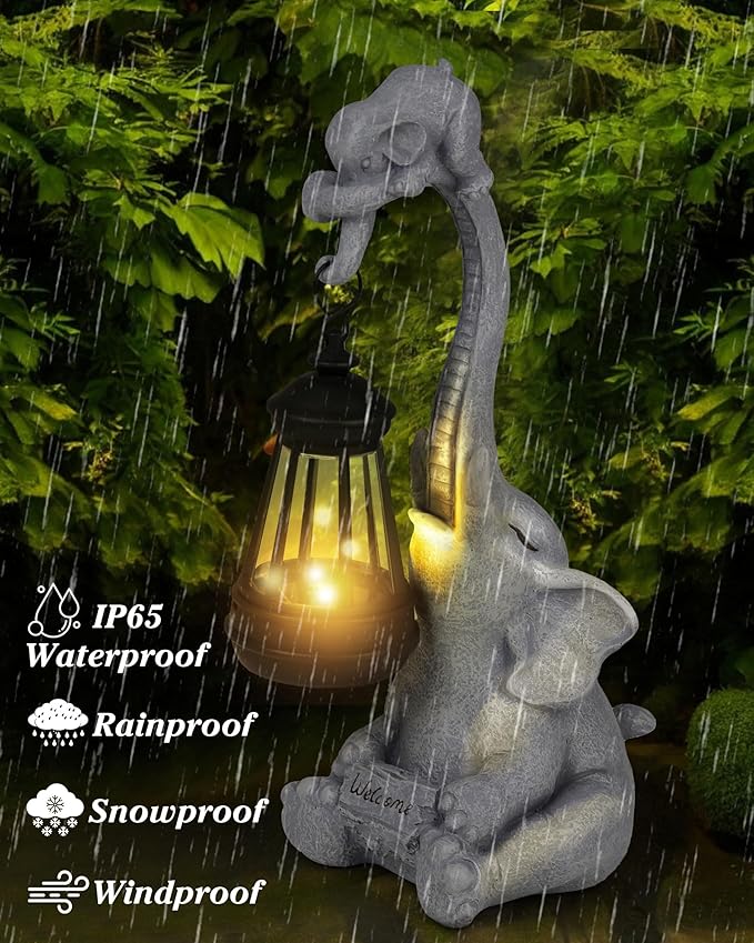 Solar Garden Statues Outdoor Decor- Yard Decorations for Patio, Balcony, Backyard, Lawn Ornaments - Elephants Figurines with LED Light- Unique Birthday House Warming Gifts for Women, Mom, Grandma
