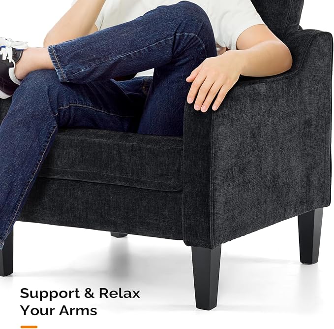 VINGLI Living Room Chairs Set of 2, Black Accent Chair 5.5" Thick Seat Cushion Comfy Chair Soft Chenille Side Chair Upholstered Arm Chair for Bedroom, Play Room, Apartment, Office (Black)