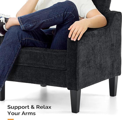 VINGLI Mid Century Modern Accent Chairs, Black Soft Chenille Reading Chair Upholstered Armchair Side Chairs Sofa Couches for Living Room, Bedroom, Apartment
