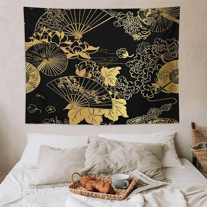HZOHNAGO Japanese Tapestry Gold Flowers Umbrella Fan Pattern Printed Wall Tapestry Painting Wall Hanging for Bedroom Living Room Dorm 80" W x 60" H