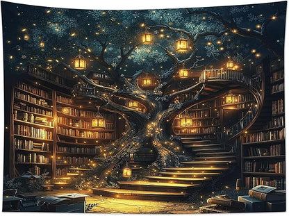 HVEST Fantasy Library Bookshelf Tapestry for Classroom Fairytale Tree Magic Bookshelf Wall Decor Retro Vintage Tapestry for Bedroom Living Room Study Room Dorm, 60L x 80W Inches