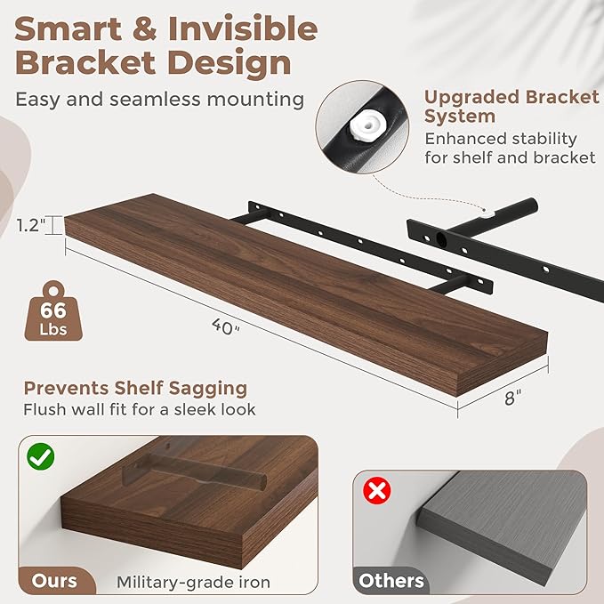 40 Inch Floating Shelves for Wall Set of 2, 8"D Wood Grain Bathroom Shelves with Invisible Brackets, Easy Install Engineered Wood Storage Shelves for Kitchen, Living Room, Bedroom, Walnut Finish