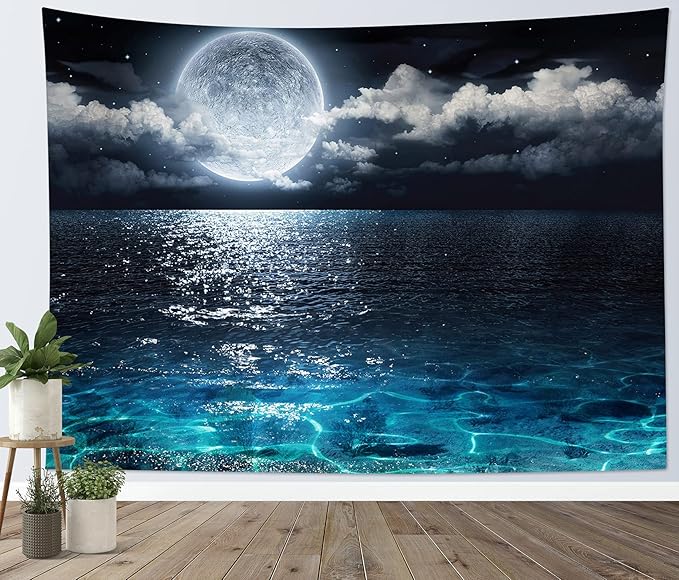LB Night Sky Ocean Tapestry Full Moon on Sea Tapestry Wall Hanging Fantasy White Cloud Watercolor Wall Art for Bedroom Living Room Dorm Wall Decor, 59Wx51H inches