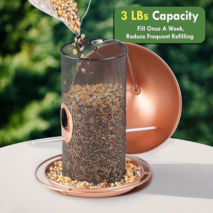 Bird Feeder for Outdoor, Metal Wild Bird Feeder Hanging Outside, 7.5" Copper Roof and 360 Degree Feeding Tray with 2 Extra Feeding Ports, 3 Lbs Bird Seeds Capacity
