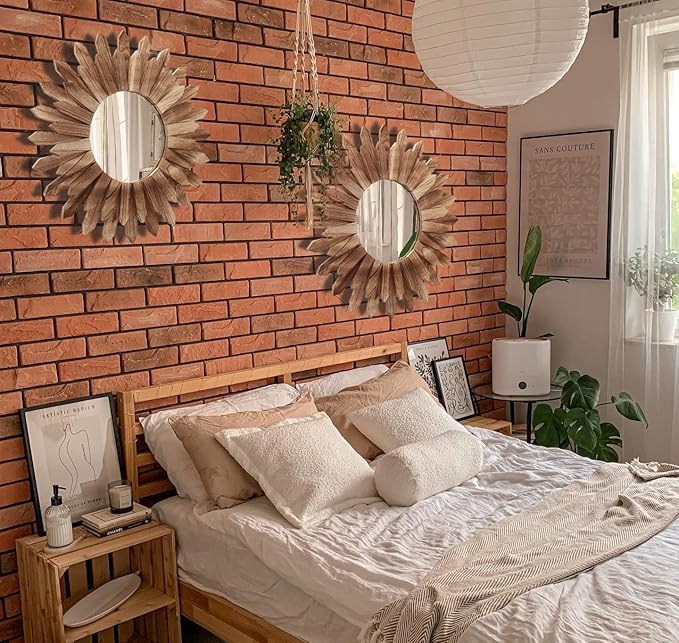 LOSOUR 2 Pack 22 Inch Boho Wall Sunburst Mirror Rustic Round Wood Decorative Mirror Boho Wall Art Decor for Entryway Bedroom Living Room