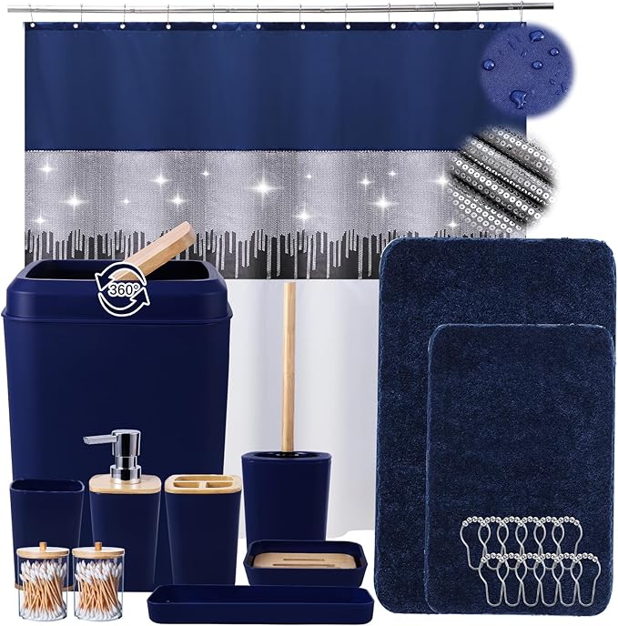 24PCS Bathroom Sets with Shower Curtain and Rugs, Navy Blue Bathroom Accessories Set Navy Blue Shower Curtain Set Bathroom Accessories with Bathroom Trash Can