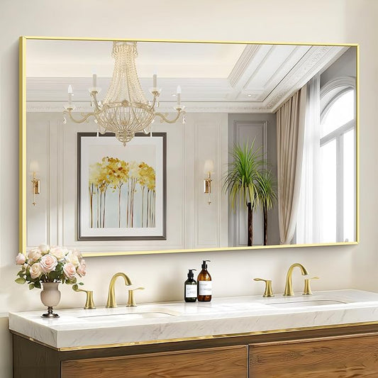40x60inch Gold Bathroom Mirror, Gold Rectangle Mirror with Frame, Large Rectangular Wall Mirrors for Bathroom, Living Room, Hair Salon, Big Farmhouse Mirror Hang Horizontal/Vertical