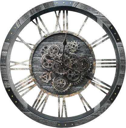 DORBOKER 27" Real Moving Gears Large Wall Clock with Toughened Glass Cover, Giant Wood Farmhouse Clock, Oversized Vintage Industrial Rustic Clock for Living Room Decor Home Kitchen (Carbon Grey)