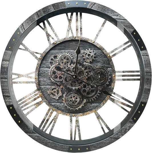 DORBOKER 40" Original Moving Gears Wall Clock, Large Industrial Wall Clock for Living Room Decor,Oversized Wood Vintage Farmhouse Steampunk Rustic Clocks for Wall Decor,Carbon Gray