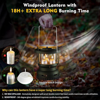 3-Wick Emergency Candle Lantern for Power Outages [18H+ Burning Time] Vintage Decorative Candle Lantern for Real Candles, Outdoor Portable Camping Survival Lighting [7.1"*5.7" - Forest Green]