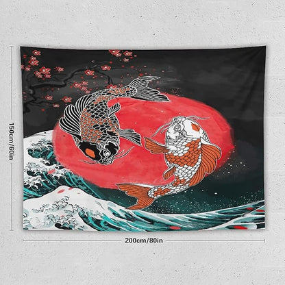 Houselerax Koi Fish Tapestries,Japanese Style Yin Yang Big Wave Cherry Blossoms Tapestry Wall Hanging for Bedroom Living Room Office Decor 80"x60"