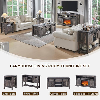 OKD Nightstand with Charging Station Set of 2, 18 Inchs Farmhouse End Table with Adjustable Storage Shelf, Rustic Wood Sofa Side Table for Bedroom