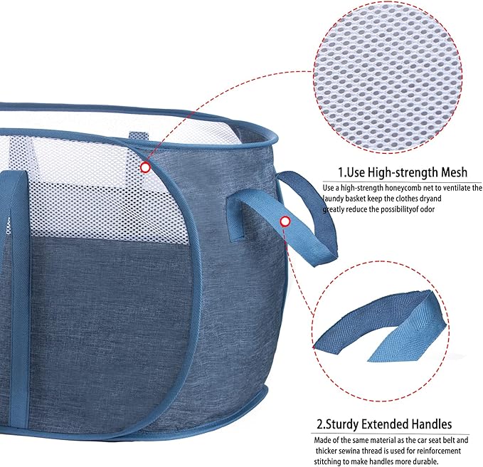 Pop Up Laundry Hamper，with Durable Handles collapsible laundry basket，Easy to Open and Fold for college Dorm,kids room，travel (Blue)…