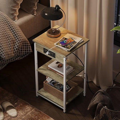 WLIVE Side Table with Charging Station and USB Ports, Small End Tables for Small Spaces, 3-Tier Nightstand with Adjustable Shelf, Bedside Tables, Living Room, Bedroom, Greige
