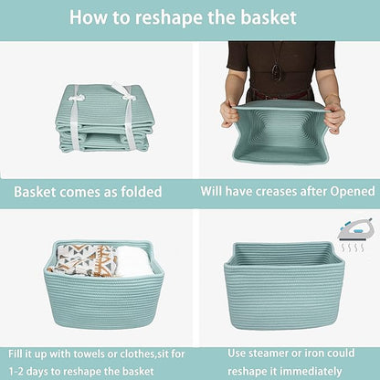 Cotton Rope storage Basket Bins Woven Basket for Organizing Shelves Rectangle Decorative Baskets For storage Clothes Toys Books Towels Square Wicker Nursery basket organizer 3 pack Green