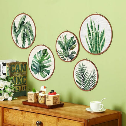 Qunclay 5 Pcs Wall Art Decor Wooden Living Room Wall Decor Bohemian Hanging Farmhouse Geometric 10'' and 8'' Aesthetic Wood Minimalist Posters for Bedroom(Leaves)
