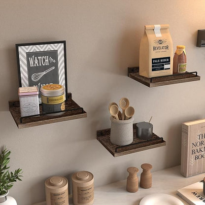 Small Floating Shelf, 6 X 9 Inches Farmhouse Wall Shelves for Living Room, Bedroom, Picture Frames, Plants, Kitchen, Set of 3 (Brown)