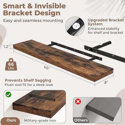 40 Inch Floating Shelves for Wall Set of 2, 8"D Wood Grain Bathroom Shelves with Invisible Brackets, Easy Install Engineered Wood Storage Shelves for Kitchen, Living Room, Bedroom, Rustic Brown Finish