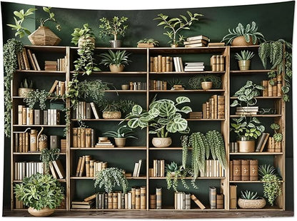 HVEST Green Plant Bookshelf Tapestry Book on Bookshelf and Plant Potted Tapestry Wall Hanging Reading Wall Decor for Study Room Bedroom Living Room College Dorm, 60L x 80W Inches