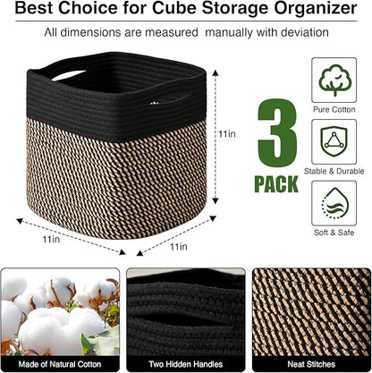 11 Inch Cube Storage Bins, Storage Cube Organizer Bins, Woven Cotton Rope Baskets for Storage, Storage Basket for Organizing Shelves, Square Baskets for Toys Nursery, Black & Jute (Pack of 3)
