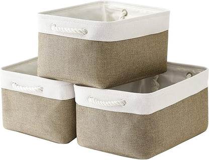 TheWarmHome Storage Basket for Organizing - 16x12x8 inch Large 3 Pack Collapsible Storage Bin for Shelves with Handles, Fabric Storage Cubes for Organizer Cloth Gift Toy Closet (Whiet & Khaki)