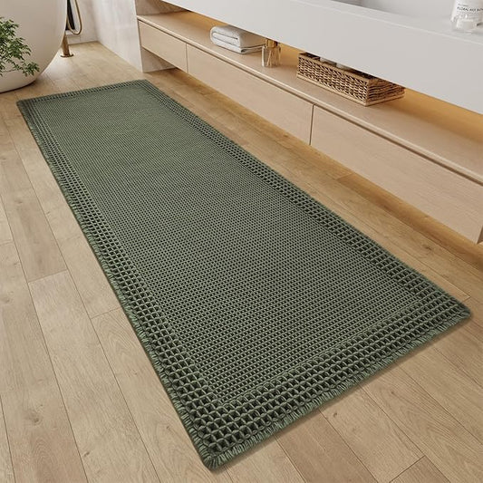 RESARE Waffle Bathroom Runner Rugs, Super Absorbent Bath Mat Non Slip Washable Quick Dry, Upgraded Ultra Soft Boho Bath Rugs with Tassels for Hallway Bedroom Laundry Room, 2'x6'(24"x72"), Green