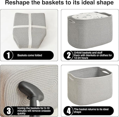 Storage Baskets for Organizing & Shelves, Woven Cotton Rope Organization Bins for Dog Toys, Clothes, Books, Nursery Organizer, 15" Lx11 Wx9.5 H, (4 Packs) Grey