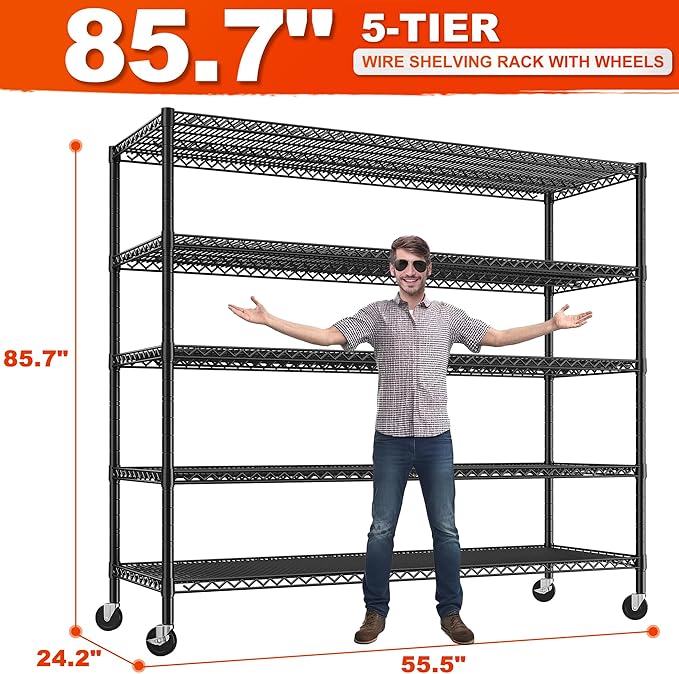 REIBII 85.7"H Storage Shelves 2998LBS Metal Shelving Units with Wheels&Feet, 5 Tier Garage Shelving Heavy Duty Adjustable Wire Shelf for Pantry Garage Commercial Industrials, 85.7"H X 55.5"W X 24.2"D