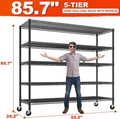 REIBII 85.7"H Storage Shelves 2998LBS Metal Shelving Units with Wheels&Feet, 5 Tier Garage Shelving Heavy Duty Adjustable Wire Shelf for Pantry Garage Commercial Industrials, 85.7"H X 55.5"W X 24.2"D