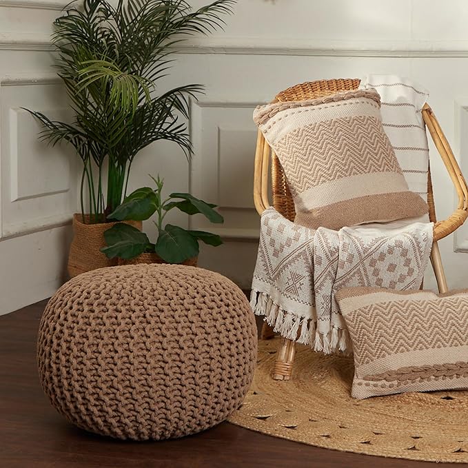 REDEARTH Round Pouf Ottoman - Hand Knitted Cable Boho Poof Home Décor Pouffe Circular Footrest for Living Room - Bedroom - Lounge - 100% Cotton (19.5"x19.5"x14") - Beige