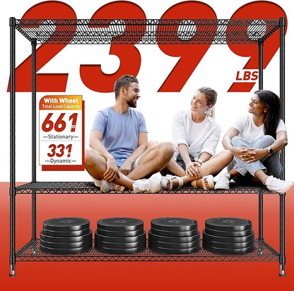 REIBII 60''W Storage Shelves 2399LBS Garage Shelving Heavy Duty with Wheels & Feet, 4 Tier Wire Shelving Adjustable Metal Shelving for Pantry Garage Kitchen Commercial Industrail, 60"W x 18"D x 65.5"H