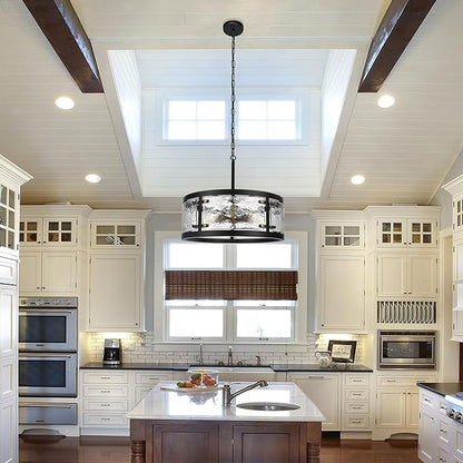 20" Farmhouse Round Black Chandelier, 5-Light Rustic Dining Room Light Fixtures Over Table, Industrial Glass Chandeliers for Dining Kitchen Living Room, Clear Waterglass Drum Shade