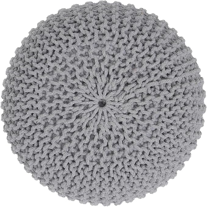 REDEARTH Round Boho Pouf Ottoman - Cable Knitted Cord Boho Pouffe - Stuffed Poof Accent Beanbag Footrest for Living Room - Nursery - Bedroom - Covered Patio - Study Nook (18”x18”x14”) - Gray-S
